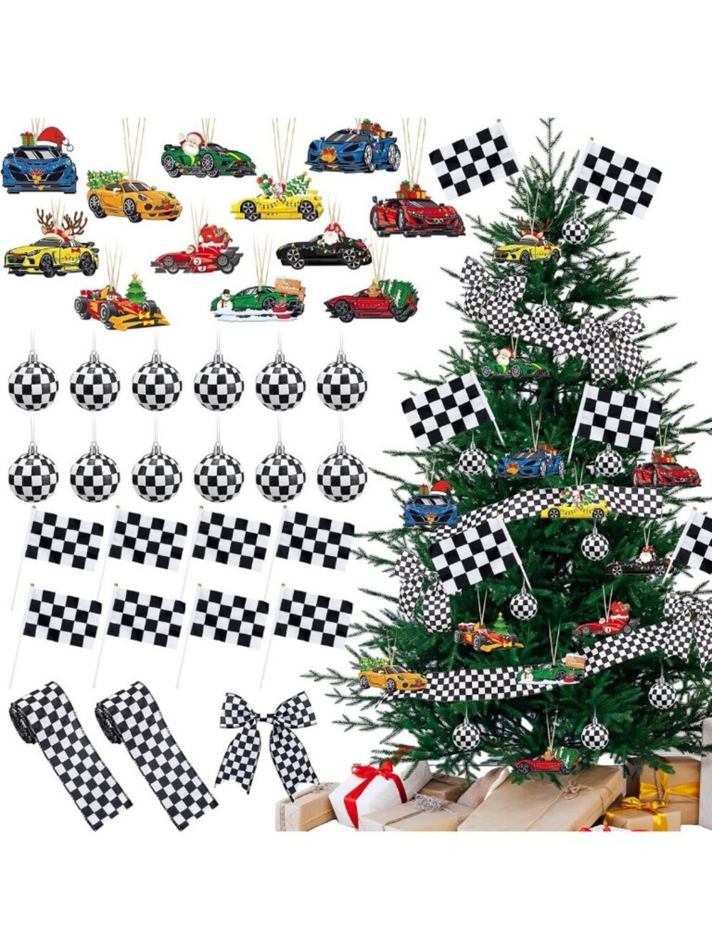 46 Pcs Black & White Race Car Christmas Tree Ornaments - Festive Holiday Decor
